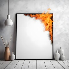 Poster - An empty white poster frame set against a fiery background, perfect for showcasing artwork or advertisements that require a dynamic and engaging visual contrast.