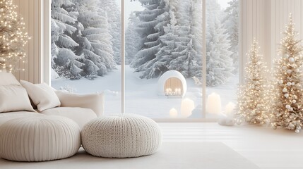 Aufkleber - Minimalist winter living room with a cozy atmosphere and a scenic snow-covered forest view : Generative AI