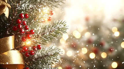 Aufkleber - Festive Christmas Tree Branches Adorned with Red Berries and Golden Ribbons in a Snowy Winter Wonderland : Generative AI