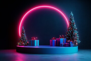 Poster - Modern Neon Christmas Scene with Trees and Presents on Dark Blue Background for Festive Celebrations : Generative AI