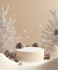 Poster - Elegant Minimalist Winter Scene with Snowflakes and Pine Cones on Beige : Generative AI