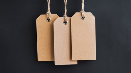 Three blank kraft tags hanging on strings against a dark background, ideal for labeling or price tagging.