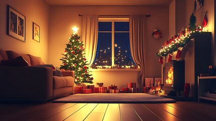 Poster - Cozy Living Room with Christmas Tree and Fireplace on a Winter Night : Generative AI