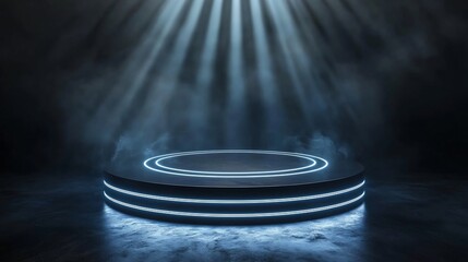 Poster - polished podium surrounded by concentric rings of light on dark industrial background