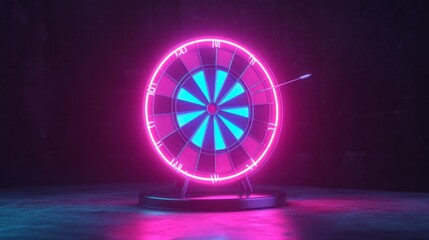 Poster - A neon pink and blue dartboard with a glowing arrow on it