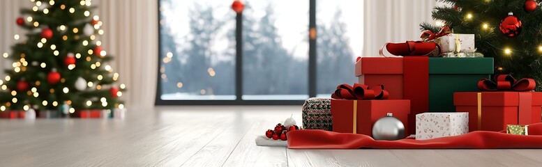Poster - Cozy Festive Setting with Decorated Christmas Trees and Gift Boxes by Window : Generative AI