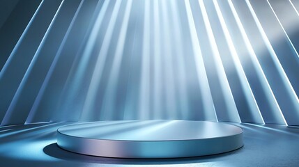 Poster - Sleek Silver Podium Surrounded by Futuristic Holographic Lights for Innovative Product Displays