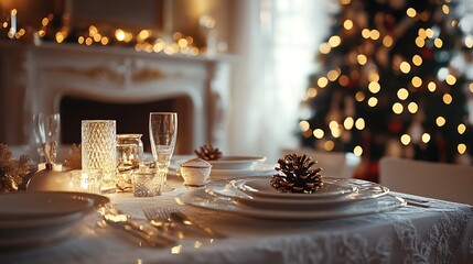 Aufkleber - Luxurious Holiday Dining Table with Pinecones and Sparking Christmas Lights : Generative AI