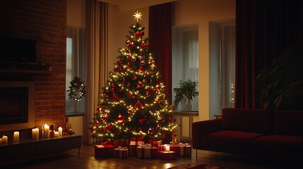 Poster - Beautifully Lit Christmas Tree in Warmly Decorated Living Room for Holidays : Generative AI