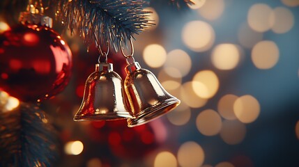 Aufkleber - Golden Christmas Bells Hanging on Tree with Blurred Holiday Lights Background : Generative AI