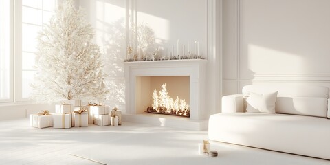 Poster - Minimalist White Christmas Living Room with Elegant Fireplace and Holiday Decor : Generative AI