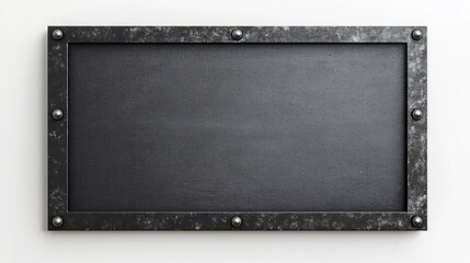 Poster - Sleek Matte Black Rectangular Blank Sign with Minimalist Metal Frame and Studs on White Background
