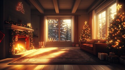 Poster - Cozy and Festive Winter Morning in Living Room with Christmas Decor and Warm Fireplace Ambiance : Generative AI