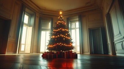 Poster - Elegant Christmas Tree with Glowing Lights in Sunlit Room : Generative AI