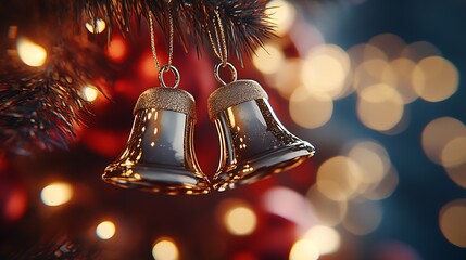 Poster - Festive Christmas Bells Reflecting Warm Lights and Holiday Spirit on Tree : Generative AI
