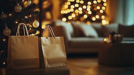 Poster - Cozy Living Room Decor with Christmas Shopping Bags and Festive Lights Ambience : Generative AI