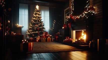 Poster - Charming Living Room with Christmas Tree and Festive Lights in Dark Cozy Setting : Generative AI