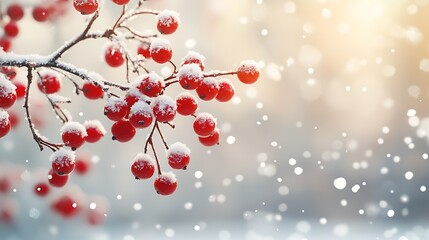 Poster - Snow Covered Red Berries on Tree Branch in Winter Wonderland Scene : Generative AI