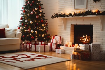 Aufkleber - Modern Cozy Living Room with Lit Christmas Tree and Fireplace : Generative AI