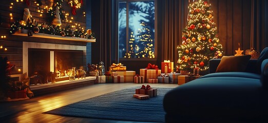 Poster - Illuminated Living Room with Decorated Christmas Tree and Fireplace : Generative AI