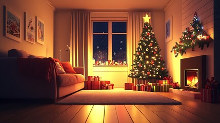 Poster - Elegant Living Room Adorned for Christmas with Glowing Decorations : Generative AI