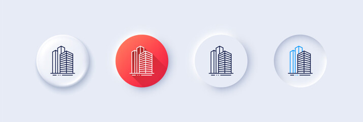 Wall Mural - Skyscraper buildings line icon. Neumorphic, Red gradient, 3d pin buttons. City architecture sign. Town symbol. Line icons. Neumorphic buttons with outline signs. Vector