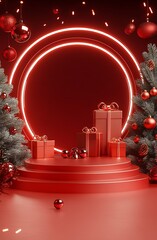 Poster - Christmas Decorated Red Neon Setup with Wrapped Presents and Baubles : Generative AI