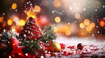 Aufkleber - Festive Christmas Tree with Red Ornaments and Star on Snowy Background : Generative AI