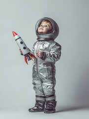 Wall Mural - awestruck child astronaut holding model rocket against minimalist space background