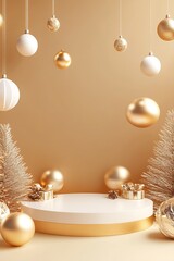 Aufkleber - Elegant Christmas Ornaments with Golden and White Theme Decorated on Minimalistic Platform : Generative AI