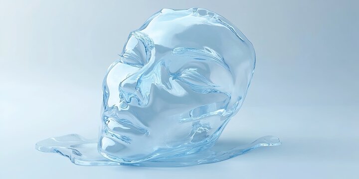 Abstract Marketing Background Featuring a Human Face Mask Mold for Skincare Beauty Salon. This Design Showcases a Transparent Blue Skincare Mask with a Light Blue Background, Highlighting Minimalism, 