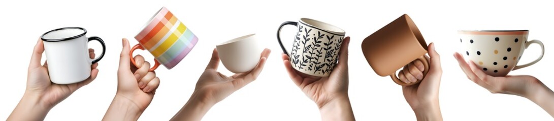 Collection set of hand holding mug cup in different angle on transparent background cutout PNG file. Many different style and pose. Mockup template for artwork design