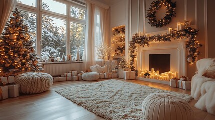 Poster - Cozy Winter Living Room Decorated with Christmas Tree and Garland Illumination : Generative AI