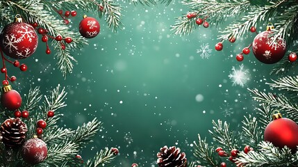 Poster - Classic Christmas Decor Frame with Red Baubles and Evergreen Pine Branches : Generative AI