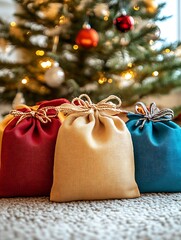 Aufkleber - Colorful Gift Bags Under Christmas Tree with Festive Lights and Ornaments : Generative AI