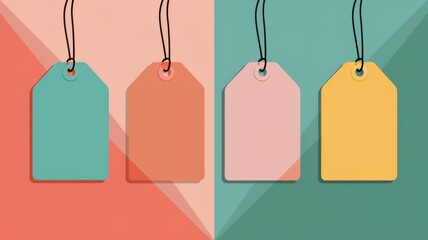 Four colorful price tags hang in a minimalistic design, showcasing varying shapes and colors against a soft, geometric background.