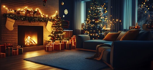 Poster - Rustic Living Room with Fireplace and Christmas Decorations : Generative AI