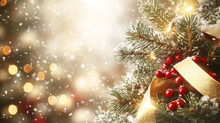 Aufkleber - Ornamented Christmas Tree Branches with Red Berries and Glittering Gold Ribbons in a Snowy Festive Ambiance : Generative AI