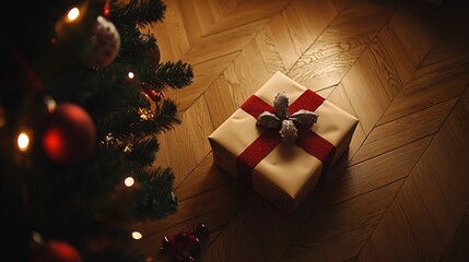 Poster - Wrapped Gift Under Christmas Tree with Red Ribbon Decoration Scene : Generative AI