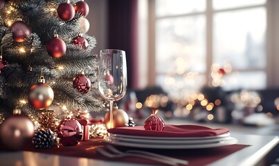 Poster - Romantic Holiday Dinner Setting with Glassware and Christmas Tree Ornaments in Cozy Room : Generative AI