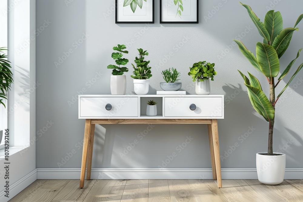 White wood console table with two drawers and open storage, modern hall ...