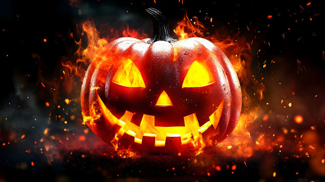 Fiery Jack-o'-Lantern with a Grinning Face and Flames Erupting Around It,  Surrounded by a Dramatic Background