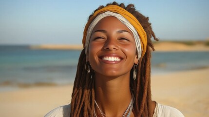 A woman with dreadlocks is smiling and wearing a yellow headband. She is standing on a beach and looking out at the ocean