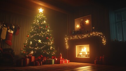 Aufkleber - Traditional Christmas Scene with Decorated Tree and Stockings by Fireplace : Generative AI