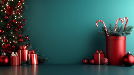 Poster - Christmas Decor Featuring Candles Wrapped Gifts and Festive Tree Adornments : Generative AI