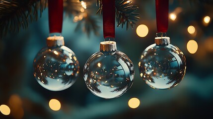 Poster - Elegant Christmas Baubles Hanging on Tree with Soft Golden Lights in Background : Generative AI