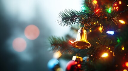 Aufkleber - Golden Bell Ornament on Christmas Tree with Soft Bokeh Background : Generative AI