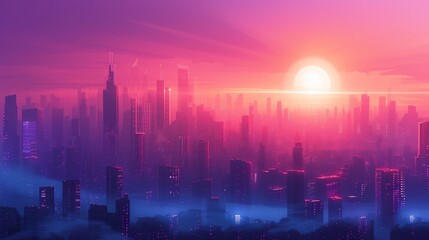 Poster - futuristic cityscape sunrise mesmerizing and atmospheric portrayal futuristic cityscape sunrise with glowing skyscrapers urban landscapes and morning mist evoking sense generated illustration