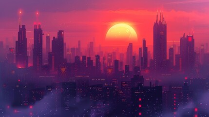 Poster - futuristic cityscape sunrise mesmerizing and atmospheric portrayal futuristic cityscape sunrise with glowing skyscrapers urban landscapes and morning mist evoking sense generated illustration