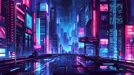 Poster - futuristic cyber cityscape futuristic and cyberpunk depiction cityscape with neon lights futuristic skyscrapers and bustling streets inspired cyberpunk aesthetics and dystop generated illustration